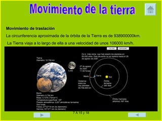 Movimiento de la tierra  Movimiento de traslación La circunferencia aproximada de la órbita de la Tierra es de 938900000km. La Tierra viaja a lo largo de ella a una velocidad de unos 106000 km/h. 