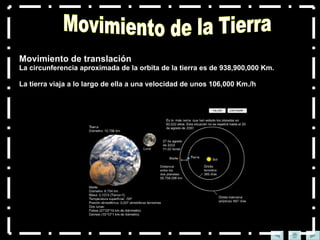 Movimiento de translación  La circunferencia aproximada de la orbita de la tierra es de 938,900,000 Km. La tierra viaja a lo largo de ella a una velocidad de unos 106,000 Km./h Movimiento de la Tierra 