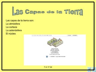 Las capas de la tierra son: La atmósfera La corteza La astenósfera El núcleo Las Capas de la Tierra 