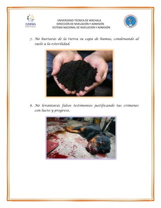 UNIVERSIDAD TÉCNICA DE MACHALA
DIRECCIÓN DE NIVELACIÓN Y ADMISIÓN
SISTEMA NACIONAL DE NIVELACIÓN Y ADMISIÓN
7. No hurtarás de la tierra su capa de humus, condenando al
suelo a la esterilidad.
8. No levantarás falsos testimonios justificando tus crímenes
con lucro y progreso.
 