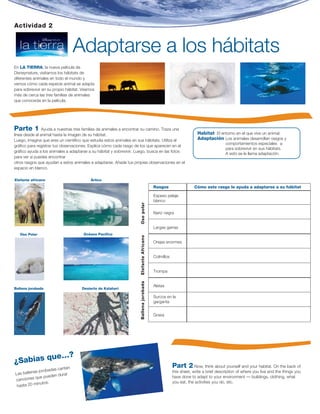 Actividad 2


                                  Adaptarse a los hábitats
En LA TIERRA, la nueva película de
Disneynature, visitamos los hábitats de
diferentes animales en todo el mundo y
vemos cómo cada especie animal se adapta
para sobrevivir en su propio hábitat. Veamos
más de cerca las tres familias de animales
que conocerás en la película.




Parte 1         Ayuda a nuestras tres familias de animales a encontrar su camino. Traza una
línea desde el animal hasta la imagen de su hábitat.                                                              Habitat El entorno en el que vive un animal.
Luego, imagina que eres un científico que estudia estos animales en sus hábitats. Utiliza el                      Adaptación Los animales desarrollan rasgos y
                                                                                                                                  comportamientos especiales e
gráfico para registrar tus observaciones. Explica cómo cada rasgo de los que aparecen en el
                                                                                                                                  para sobrevivir en sus hábitats.
gráfico ayuda a los animales a adaptarse a su hábitat y sobrevivir. Luego, busca en las fotos
                                                                                                                                  A esto se le llama adaptación.
para ver si puedes encontrar
otros rasgos que ayudan a estos animales a adaptarse. Añade tus propias observaciones en el
espacio en blanco.

Elefante africano                         Ártico

                                                                                        Rasgos                  Cómo este rasgo le ayuda a adaptarse a su hábitat

                                                                                        Espeso pelaje
                                                                                        blanco
                                                                    Oso polar




                                                                                        Nariz negra


                                                                                        Largas garras
   Oso Polar                          Océano Pacífico
                                                                    Elefante Africano




                                                                                        Orejas enormes


                                                                                        Colmillos


                                                                                        Trompa
                                                                    Ballena jorobada




                                                                                        Aletas
Ballena jorobada                     Desierto de Kalahari

                                                                                        Surcos en la
                                                                                        garganta


                                                                                        Grasa




           ue…?
¿ Sabías q
                      as cantan
                                                                                                    Part 2 Now, think about yourself and your habitat. On the back of
           as jorobad                                                                               this sheet, write a brief description of where you live and the things you
Las ballen               durar
            que pueden                                                                              have done to adapt to your environment — buildings, clothing, what
canciones
             inutos.                                                                                you eat, the activities you do, etc.
 hasta 20 m
 