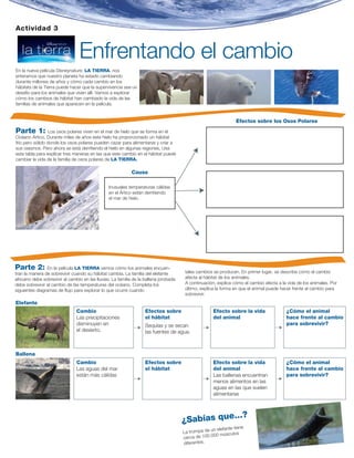 Actividad 3


                                 Enfrentando el cambio
En la nueva película Disneynature, LA TIERRA, nos
enteramos que nuestro planeta ha estado cambiando
durante millones de años y cómo cada cambio en los
hábitats de la Tierra puede hacer que la supervivencia sea un
desafío para los animales que viven allí. Vamos a explorar
cómo los cambios de hábitat han cambiado la vida de las
familias de animales que aparecen en la película.


                                                                                                                  Efectos sobre los Osos Polares
Parte 1:          Los osos polares viven en el mar de hielo que se forma en el
Océano Ártico. Durante miles de años este hielo ha proporcionado un hábitat
frío pero sólido donde los osos polares pueden cazar para alimentarse y criar a
sus oseznos. Pero ahora se está derritiendo el hielo en algunas regiones. Usa
esta tabla para explicar tres maneras en las que este cambio en el hábitat puede
cambiar la vida de la familia de osos polares de LA TIERRA.

                                                             Causa

                                                 Inusuales temperaturas cálidas
                                                 en el Ártico están derritiendo
                                                 el mar de hielo.




Parte 2:        En la película LA TIERRA vemos cómo los animales encuen-
                                                                                        tales cambios se producen. En primer lugar, se describe cómo el cambio
tran la manera de sobrevivir cuando su hábitat cambia. La familia del elefante
africano debe sobrevivir al cambio en las lluvias. La familia de la ballena jorobada    afecta al hábitat de los animales.
debe sobrevivir al cambio de las temperaturas del océano. Completa los                  A continuación, explica cómo el cambio afecta a la vida de los animales. Por
siguientes diagramas de flujo para explorar lo que ocurre cuando                        último, explica la forma en que el animal puede hacer frente al cambio para
                                                                                        sobrevivir.
Elefante
                                Cambio                              Efectos sobre                     Efecto sobre la vida                ¿Cómo el animal
                                Las precipitaciones                 el hábitat                        del animal                          hace frente al cambio
                                disminuyen en                       Sequías y se secan                                                    para sobrevivir?
                                el desierto.                        las fuentes de agua.



Ballena
                                Cambio                              Efectos sobre                     Efecto sobre la vida                ¿Cómo el animal
                                Las aguas del mar                   el hábitat                        del animal                          hace frente al cambio
                                están más cálidas                                                     Las ballenas encuentran             para sobrevivir?
                                                                                                      menos alimentos en las
                                                                                                      aguas en las que suelen
                                                                                                      alimentarse



                                                                                                   ...?
                                                                                       ¿Sabías que
                                                                                                                    ne
                                                                                                    un elefante tie
                                                                                       La trompa de
                                                                                                     000 músculos
                                                                                       cerca de 100.
                                                                                       diferentes.
 