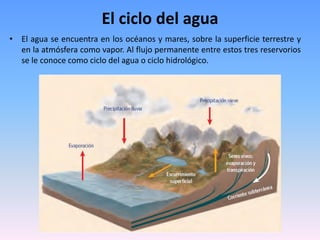 El ciclo del agua
• El agua se encuentra en los océanos y mares, sobre la superficie terrestre y
en la atmósfera como vapor. Al flujo permanente entre estos tres reservorios
se le conoce como ciclo del agua o ciclo hidrológico.
 