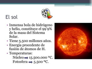 El sol
• Inmensa bola de hidrógeno
  y helio, constituye el 99’9%
  de la masa del Sistema
  Solar.
• Tiene 5.500 millones años.
• Energía procedente de
  fusión de átomos de H.
• Temperaturas:
    Núcleo 15.500.000 ºC.
    Fotosfera      5.500 ºC.
 