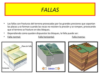 FALLAS
• Las fallas son fracturas del terreno provocadas por las grandes presiones que soportan
las placas y se forman cuando las rocas no resisten la presión y se rompen, provocando
que el terreno se fracture en dos bloques.
• Dependiendo como queden dispuestos los bloques, la falla puede ser:
• Falla normal: Falla horizontal: Falla inversa:
 