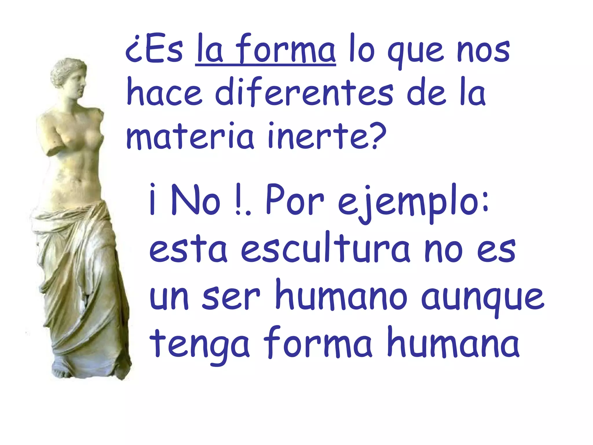 ¿Es  la forma  lo que nos hace diferentes de la materia inerte? ¡ No !. Por ejemplo: esta escultura no es un ser humano aunque tenga forma humana 
