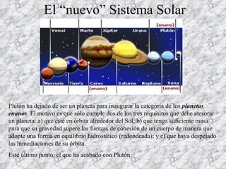 El “nuevo” Sistema Solar Plutón ha dejado de ser un planeta para inaugurar la categoría de los  planetas enanos . El motivo es que sólo cumple dos de los tres requisitos que debe atesorar un planeta: a) que esté en órbita alrededor del Sol; b) que tenga suficiente masa para que su gravedad supere las fuerzas de cohesión de un cuerpo de manera que adopte una forma en equilibrio hidrostático (redondeada); y c) que haya despejado las inmediaciones de su órbita. Este último punto, el que ha acabado con Plutón. 
