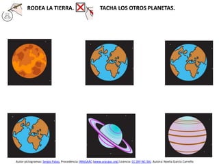 RODEA LA TIERRA. TACHA LOS OTROS PLANETAS.
Autor pictogramas: Sergio Palao. Procedencia: ARASAAC (www.arasaac.org) Licencia: CC (BY-NC-SA). Autora: Noelia García Carreño
 