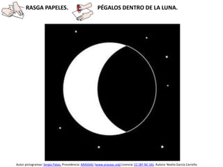 RASGA PAPELES. PÉGALOS DENTRO DE LA LUNA.
Autor pictogramas: Sergio Palao. Procedencia: ARASAAC (www.arasaac.org) Licencia: CC (BY-NC-SA). Autora: Noelia García Carreño
 
