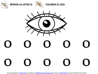 REPASA LA LETRA O. COLOREA EL OJO.
O O O O O
O O O O O
Autor pictogramas: Sergio Palao. Procedencia: ARASAAC (www.arasaac.org) Licencia: CC (BY-NC-SA). Autora: Noelia García Carreño
 