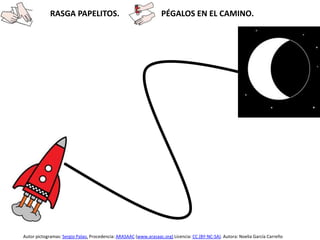 RASGA PAPELITOS. PÉGALOS EN EL CAMINO.
Autor pictogramas: Sergio Palao. Procedencia: ARASAAC (www.arasaac.org) Licencia: CC (BY-NC-SA). Autora: Noelia García Carreño
 