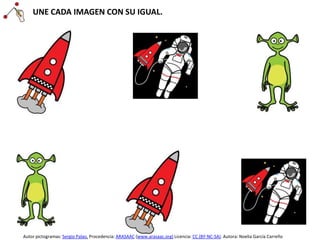 UNE CADA IMAGEN CON SU IGUAL.
Autor pictogramas: Sergio Palao. Procedencia: ARASAAC (www.arasaac.org) Licencia: CC (BY-NC-SA). Autora: Noelia García Carreño
 