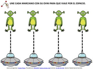 UNE CADA MARCIANO CON SU OVNI PARA QUE VIAJE POR EL ESPACIO.
Autor pictogramas: Sergio Palao. Procedencia: ARASAAC (www.arasaac.org) Licencia: CC (BY-NC-SA). Autora: Noelia García Carreño
 