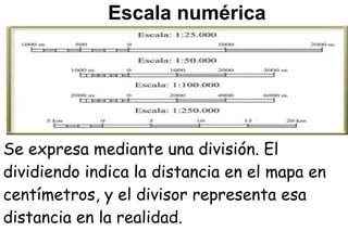 Escala numérica




Se expresa mediante una división. El
dividiendo indica la distancia en el mapa en
centímetros, y el divisor representa esa
distancia en la realidad.
 