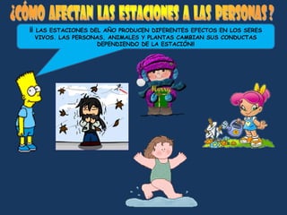 ¡¡   LAS ESTACIONES DEL AÑO PRODUCEN DIFERENTES EFECTOS EN LOS SERES
     VIVOS. LAS PERSONAS, ANIMALES Y PLANTAS CAMBIAN SUS CONDUCTAS
                      DEPENDIENDO DE LA ESTACIÓN!!
 
