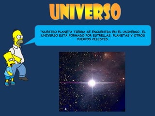“NUESTRO PLANETA TIERRA SE ENCUENTRA EN EL UNIVERSO. EL
 UNIVERSO ESTÁ FORMADO POR ESTRELLAS, PLANETAS Y OTROS
                   CUERPOS CELESTES.
 