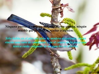 Ninguna puerta, o ventana, ninguna puerta secreta, ningún mueble que permitiera ocultar a alguien. Sólo había en el piso un plato de madera desgastado, en un rincón una vara de caminante y en el centro de la pieza una túnica raída colgando de un gancho en el techo. 