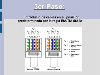 3er Paso:   Introducir los cables en su posición predeterminada por la regla EIA/TIA 568B: 