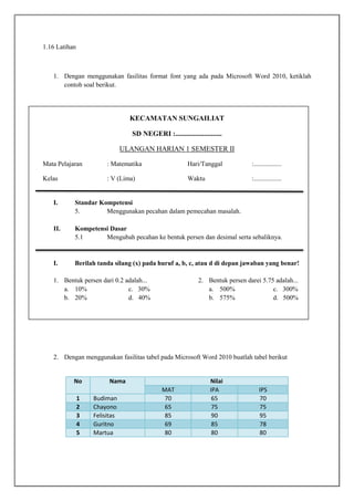 1.16 Latihan
1. Dengan menggunakan fasilitas format font yang ada pada Microsoft Word 2010, ketiklah
contoh soal berikut.
KECAMATAN SUNGAILIAT
SD NEGERI :..........................
ULANGAN HARIAN 1 SEMESTER II
Mata Pelajaran : Matematika
Kelas : V (Lima)
Hari/Tanggal :.................
Waktu :.................
I. Standar Kompetensi
5. Menggunakan pecahan dalam pemecahan masalah.
II. Kompetensi Dasar
5.1 Mengubah pecahan ke bentuk persen dan desimal serta sebaliknya.
I. Berilah tanda silang (x) pada huruf a, b, c, atau d di depan jawaban yang benar!
1. Bentuk persen dari 0.2 adalah...
a. 10% c. 30%
b. 20% d. 40%
2. Bentuk persen darei 5.75 adalah...
a. 500% c. 300%
b. 575% d. 500%
2. Dengan menggunakan fasilitas tabel pada Microsoft Word 2010 buatlah tabel berikut
No Nama Nilai
MAT IPA IPS
1 Budiman 70 65 70
2 Chayono 65 75 75
3 Felisitas 85 90 95
4 Guritno 69 85 78
5 Martua 80 80 80
