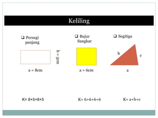 Keliling
 Persegi
panjang
b=5cm
a = 8cm
 Bujur
Sangkar
a = 6cm
 Segitiga
b
c
a
K= 8+5+8+5 K= 6+6+6+6 K= a+b+c
 