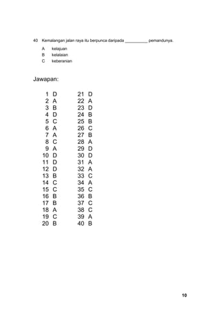 40   Kemalangan jalan raya itu berpunca daripada __________ pemandunya.

     A    kelajuan
     B    kelalaian
     C    keberanian



Jawapan:

      1   D            21   D
      2   A            22   A
      3   B            23   D
      4   D            24   B
      5   C            25   B
      6   A            26   C
      7   A            27   B
      8   C            28   A
      9   A            29   D
     10   D            30   D
     11   D            31   A
     12   D            32   A
     13   B            33   C
     14   C            34   A
     15   C            35   C
     16   B            36   B
     17   B            37   C
     18   A            38   C
     19   C            39   A
     20   B            40   B




                                                                          10
 