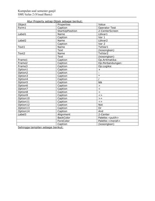 Kumpulan soal semester ganjil
SMU kelas 2 (Visual Basic)

       Atur Property setiap Objek sebagai berikut:
Object                        Properties             Value
Form1                         Caption                Operator Test
                              StartUpPosition        2-CenterScreen
Label1                        Name                   Lblvar1
                              Caption                Var 1
Label2                        Name                   Lblvar2
                              Caption                Var 2
Text1                         Name                   TxtVar1
                              Text                   (kosongkan)
Text2                         Name                   TxtVar2
                              Text                   (kosongkan)
Frame1                        Caption                Op.Aritmatika:
Frame2                        Caption                Op.Perbandungan:
Frame3                        Caption                Op.Logika:
Option1                       Caption                +
Option2                       Caption                -
Option3                       Caption                *
Option4                       Caption                /
Option5                       Caption                &&
Option6                       Caption                >
Option7                       Caption                <
Option8                       Caption                =
Option9                       Caption                <>
Option10                      Caption                >=
Option11                      Caption                <=
Option12                      Caption                Not
Option13                      Caption                Or
Option14                      Caption                And
Label3                        Alignment              2-Center
                              BackColor              Palette:<putih>
                              ForeColor              Palette:<merah>
                              Caption                (kosongkan)
Sehingga tampilan sebagai berikut:
 