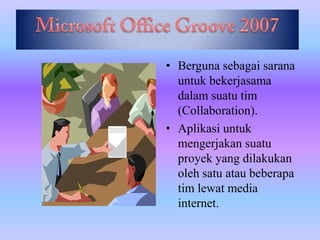 • Berguna sebagai sarana
untuk bekerjasama
dalam suatu tim
(Collaboration).
• Aplikasi untuk
mengerjakan suatu
proyek yang dilakukan
oleh satu atau beberapa
tim lewat media
internet.

 