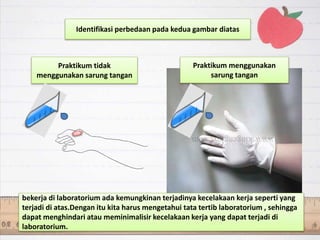 Praktikum tidak
menggunakan sarung tangan
Praktikum menggunakan
sarung tangan
Identifikasi perbedaan pada kedua gambar diatas
bekerja di laboratorium ada kemungkinan terjadinya kecelakaan kerja seperti yang
terjadi di atas.Dengan itu kita harus mengetahui tata tertib laboratorium , sehingga
dapat menghindari atau meminimalisir kecelakaan kerja yang dapat terjadi di
laboratorium.
 