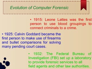 • 1915: Leone Lattes was the first
person to use blood groupings to
connect criminals to a crime.
• 1925: Calvin Goddard became the
first person to make use of firearms
and bullet comparisons for solving
many pending court cases.
• 1932: The Federal Bureau of
Investigation (FBI) set up a laboratory
to provide forensic services to all
field agents and other law authorities.
Evolution of Computer Forensic
 