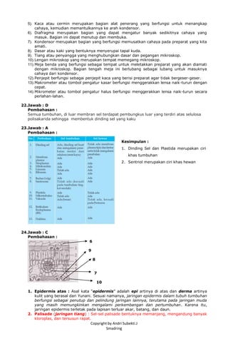 Copyright by Andri Subekti.J
Smadring
5). Kaca atau cermin merupakan bagian alat penerang yang berfungsi untuk menangkap
cahaya, kemudian memantulkannya ke arah kondensor.
6). Diafragma merupakan bagian yang dapat mengatur banyak sedikitnya cahaya yang
masuk. Bagian ini dapat menutup dan membuka.
7). Kondensor merupakan bagian yang berfungsi memusatkan cahaya pada preparat yang kita
amati.
8). Dasar atau kaki yang bentuknya menyerupai tapal kuda.
9). Tiang atau penyangga yang menghubungkan dasar dan pegangan mikroskop.
10).Lengan mikroskop yang merupakan tempat memegang mikroskop.
11).Meja benda yang berfungsi sebagai tempat untuk meletakkan preparat yang akan diamati
dengan mikroskop. Bagian tengah meja ini berlubang sebagai lubang untuk masuknya
cahaya dari kondensor.
12).Penjepit berfungsi sebagai penjepit kaca yang berisi preparat agar tidak bergeser-geser.
13).Makrometer atau tombol pengatur kasar berfungsi menggerakkan lensa naik-turun dengan
cepat.
14).Mikrometer atau tombol pengatur halus berfungsi menggerakkan lensa naik-turun secara
perlahan-lahan.
22.Jawab : D
Pembahasan :
Semua tumbuhan, di luar membran sel terdapat pembungkus luar yang terdiri atas selulosa
polisakarida sehingga membentuk dinding sel yang kaku
23.Jawab : A
Pembahasan :
Kesimpulan :
1. Dinding Sel dan Plastida merupakan ciri
khas tumbuhan
2. Sentriol merupakan ciri khas hewan
3. sementara sel hewan
tidak memilikinya
24.Jawab : C
Pembahasan :
6
9
8
7
10
1. Epidermis atas : Asal kata “epidermis” adalah epi artinya di atas dan derma artinya
kulit yang berasal dari Yunani. Sesuai namanya, jaringan epidermis dalam tubuh tumbuhan
berfungsi sebagai penutup dan pelindung jaringan lainnya, terutama pada jaringan muda
yang masih memungkinkan mengalami perkembangan dan pertumbuhan. Karena itu,
jaringan epidermis terletak pada lapisan terluar akar, batang, dan daun.
2. Palisade (jaringan tiang) : Sel-sel palisade bentuknya memanjang, mengandung banyak
kloroplas, dan tersusun rapat.
 
