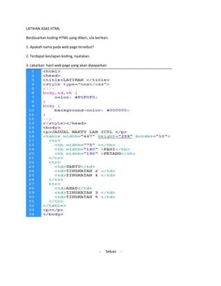 LATIHAN ASAS HTML
Berdasarkan koding HTML yang diberi, sila berikan:
1. Apakah nama pada web page tersebut?
2. Terdapat kesilapan koding, nyatakan.
3. Lakarkan hasil web page yang akan dipaparkan.
- Sekian -
 