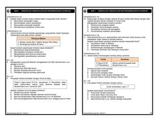 BAB 4   KEMUNCULAN TAMADUN ISLAM DAN PERKEMBANGANNYA DI MAKKAH                  BAB 4     KEMUNCULAN TAMADUN ISLAM DAN PERKEMBANGANNYA DI MAKKAH



SPM2008/s7/ms:102                                                               SPM2009/s7/M.S.102
6.   Apakah kesan amalan sistem kabilah dalam masyarakat Arab Jahiliah?         10. Peperangan al-Basus berlaku selama 40 tahun antara Bani Bakar dengan Bani
     A Memulakan persaingan kuasa                                                   Taghlib semasa Zaman Jahiliyah di Tanah Arab.
     B Memantapkan sistem pentadbiran                                               Mengapakah peperangan tersebut berlaku?
     C Mewujudkan semangat assabiah                                                 A Pembunuhan anggota kabilah
     D Memperkukuh perpaduan antara suku                                            B Perebutan harta rampasan perang
                                                                                    C Perselisihan tentang hak perniagaan
SPM2008/s8/ms:102                                                                   D Pencerobohan kawasan penempatan
7.   Jadual berikut merujuk kepada peperangan yang berlaku dalam kalangan
     masyarakat Arab pada Zaman Jahiliah.                                       SPM2005/s7/M.S.106
                                                                                11. Nabi Muhammad s.a.w. diamanahkan oleh pemimpin Arab Quraisy untuk
                                 Perang al-Basus                                    meletakkan Hajar Aswad ke tempat asalnya.
                Berlaku antara Bani Taghlib dengan Bani Bakar                      Apakah kepentingan peristiwa tersebut kepada masyarakat Arab?
                Berlangsung selama 40 tahun                                        A Penyebaran Islam di Makkah
                                                                                    B Perbalahan antara kaum dielakkan
     Bagaimanakah peperangan tersebut dapat dielakkan?                              C Perkembangan perdagangan di Makkah
     A Memperkuat bidang ketenteraan                                                D Pelantikan pemimpin dari kalangan orang Islam
     B Meningkatkan kemajuan infrastruktur
     C Mengimbangi taraf ekonomi antara etnik                                   SPM2006/s9/M.S.108
     D Meningkatkan persefahaman penduduk                                       12. Jadual berikut menerangkan tentang wahyu pertama.

M.S. 105                                                                                               Tarikh                     Peristiwa
8.   Mengapakah penduduk Makkah menggelarkan diri Nabi Muhammad s.a.w.
                                                                                                   6 Ogos 610 M.        Wahyu pertama kepada Nabi
     sebagai al-Amin?
                                                                                                   (17 Ramadhan)        Muhammad s.a.w.
     A Seorang rasul
     B Mempunyai sifat-sifat terpuji                                                Peristiwa tersebut menunjukkan
     C Berasal daripada keturunan mulia                                             A agama Islam tersebar
     D Perkataan baginda sentiasa dipercayai                                        B kemunculan kerajaan Islam
                                                                                    C penentangan Arab Quraisy terhadap Islam
M.S. 107                                                                            D pemisah Zaman Jahiliah dengan Zaman Islam
9.   Penyataan berikut berkaitan dengan Surah al-Alaq.
                                                                                M.S. 108
           Pada 6 Ogos tahun 610 M., bersamaan 17 Ramadhan, Allah               13. Pernyataan berikut berkaitan dengan wahyu.
           telah menurunkan wahyu yang pertama kepada Nabi
           Muhammad s.a.w. menerusi Jibril.                                                                      Surah al-Muddasir, ayat 1-7

     Apakah implikasi turunnya wahyu tersebut?                                      Apakah kepentingan ayat tersebut?
     A Berakhirnya zaman Jahiliah                                                   A Puak-puak Quraisy berperang
     B Berlaku penyebaran dakwah Islamiah secara terbuka                            B Umat Islam diseru menuntut ilmu
     C Bermula penghijrahan Nabi Muhammad s.a.w. ke Madinah                         C Ketua-ketua kabilah kehilangan pengaruh
     D Bermula pengisytiharan Nabi Muhammad s.a.w. sebagai pesuruh Allah            D Nabi Muhammad s.a.w. dilantik sebagai Rasulullah




MasariahMispari @ SAS T4B42011                                              3   MasariahMispari @ SAS T4B42011                                                  4
 