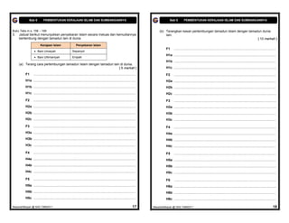 Bab 6          PEMBENTUKAN KERAJAAN ISLAM DAN SUMBANGANNYA                                                                          Bab 6          PEMBENTUKAN KERAJAAN ISLAM DAN SUMBANGANNYA


Buku Teks m.s. 158 – 169                                                                                                                (b) Terangkan kesan pertembungan tamadun Islam dengan tamadun dunia
3.   Jadual berikut menunjukkan penyebaran Islam secara meluas dan kemudiannya                                                              lain.
     bertembung dengan tamadun lain di dunia.                                                                                                                                                      [ 10 markah ]
                        Kerajaan Islam                         Penyebaran Islam
                                                                                                                                             F1      ................................................................................................................
                   Bani Umaiyah                           Sepanyol
                                                                                                                                             H1a ................................................................................................................
                   Bani Uthmaniyah                        Eropah
                                                                                                                                             H1b ................................................................................................................
     (a) Terang cara pertembungan tamadun Islam dengan tamadun lain di dunia.
                                                                   [ 6 markah ]                                                              H1c ................................................................................................................

         F1      ................................................................................................................            F2      ................................................................................................................
         H1a ................................................................................................................                H2a ................................................................................................................
         H1b ................................................................................................................                H2b ................................................................................................................
         H1c ................................................................................................................                H2c ................................................................................................................

         F2      ................................................................................................................            F3      ................................................................................................................
         H2a ................................................................................................................                H3a ................................................................................................................
         H2b ................................................................................................................                H3b ................................................................................................................
         H2c ................................................................................................................                H3c ................................................................................................................

         F3      ................................................................................................................            F4      ................................................................................................................
         H3a ................................................................................................................                H4a ................................................................................................................
         H3b ................................................................................................................                H4b ................................................................................................................
         H3c ................................................................................................................                H4c ................................................................................................................

         F4      ................................................................................................................            F5      ................................................................................................................
         H4a ................................................................................................................                H5a ................................................................................................................
         H4b ................................................................................................................                H5b ................................................................................................................
         H4c ................................................................................................................                H5c ................................................................................................................

         F5      ................................................................................................................            F6      ................................................................................................................
         H5a ................................................................................................................                H6a ................................................................................................................
         H5b ................................................................................................................                H6b ................................................................................................................
         H5c ................................................................................................................                H6c ................................................................................................................

MasariahMispari @ SAS T4B62011                                                                                               17     MasariahMispari @ SAS T4B62011                                                                                               18
 
