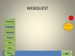 exit
WEBQUEST
Menu
Task
Process
Intro
Resources
Evaluation
Conclusion
 