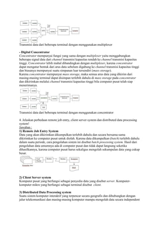 Transmisi data dari beberapa terminal dengan menggunakan multiplexer
- Digital Concentrator
Concentrator mempunyai fungsi yang sama dengan multiplexer yaitu menggabungkan
beberapa signal data dari channel transmisi kapasitas rendah ke channel transmisi kapasitas
tinggi. Concentrator lebih mahal dibandingkan dengan multiplexer, karena concentrator
dapat mengatur bentuk dari arus data sebelum digabung ke channel transmisi kapasitas tinggi
dan biasanya mempunyai suatu simpanan luar tersendiri (mass storage).
Karena concentrator mempunyai mass storage, maka semua arus data yang dikirim dari
masing-masing terminal dapat disimpan terlebih dahulu di mass storage pada concentrator
dan dikirimkan melalui channel transmisi kapasitas tinggi bila computer pusat telah siap
menerimanya.
Transmisi data dari beberapa terminal dengan menggunakan concentrator
4. Jelaskan perbedaan remote job entry, client server system dan distributed data processing
system!
Jawaban :
1) Remote Job Entry System
Data yang akan dikirimkan dikumpulkan terlebih dahulu dan secara bersama-sama
dikirimkan ke computer pusat untuk diolah. Karena data dikumpulkan (batch) terlebih dahulu
dalam suatu periode, cara pengolahan sistem ini disebut batch processing system. Hasil dari
pengolahan data umumnya ada di computer pusat dan tidak dapat langsung seketika
dihasilkannya, karena computer pusat harus sekaligus mengolah sekumpulan data yang cukup
besar.
2) Client Server system
Komputer pusat yang berfungsi sebagai penyedia data yang disebut server. Komputer-
komputer mikro yang berfungsi sebagai terminal disebut client.
3) Distributed Data Processing system
Suatu sistem komputer interaktif yang terpencar secara geografis dan dihubungkan dengan
jalur telekomunikasi dan masing-masing komputer mampu mengolah data secara independent
 
