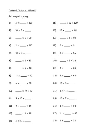 Operasi Darab - Latihan 1

Isi tempat kosong. 
1) 11 × ____ = 121 

2) 10 × 5 = ____

3) ____ × 5 = 20

4) 11 × ____ = 110...