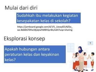 Mulai dari diri
Sudahkah ibu melakukan kegiatan
kesepakatan kelas di sekolah?
https://jamboard.google.com/d/1f1_UewyEELNZSo_
wx-BddbS70Ha1BjJqIwhM8hSynBs/edit?usp=sharing
Eksplorasi konsep
Apakah hubungan antara
peraturan kelas dan keyakinan
kelas?
 