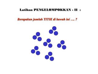 Latihan PENGELOMPOKKAN - II :Latihan PENGELOMPOKKAN - II :
Berapakan jumlah TITIK di bawah ini …. ?Berapakan jumlah TITIK di bawah ini …. ?
 