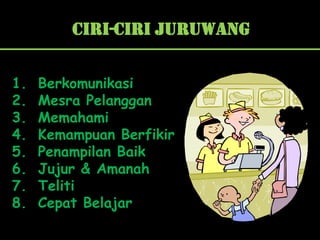 Ciri-Ciri Juruwang


1.   Berkomunikasi
2.   Mesra Pelanggan
3.   Memahami
4.   Kemampuan Berfikir
5.   Penampilan Baik
6.   Jujur & Amanah
7.   Teliti
8.   Cepat Belajar
 