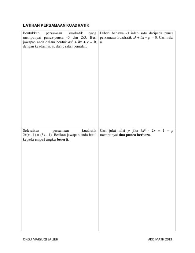 Matematik Tambahan: Persamaan kuadratik