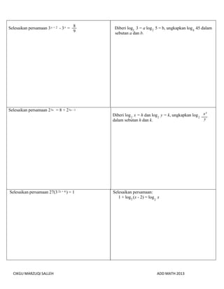 Matematik Tambahan: Index dan Log (sam) | PDF