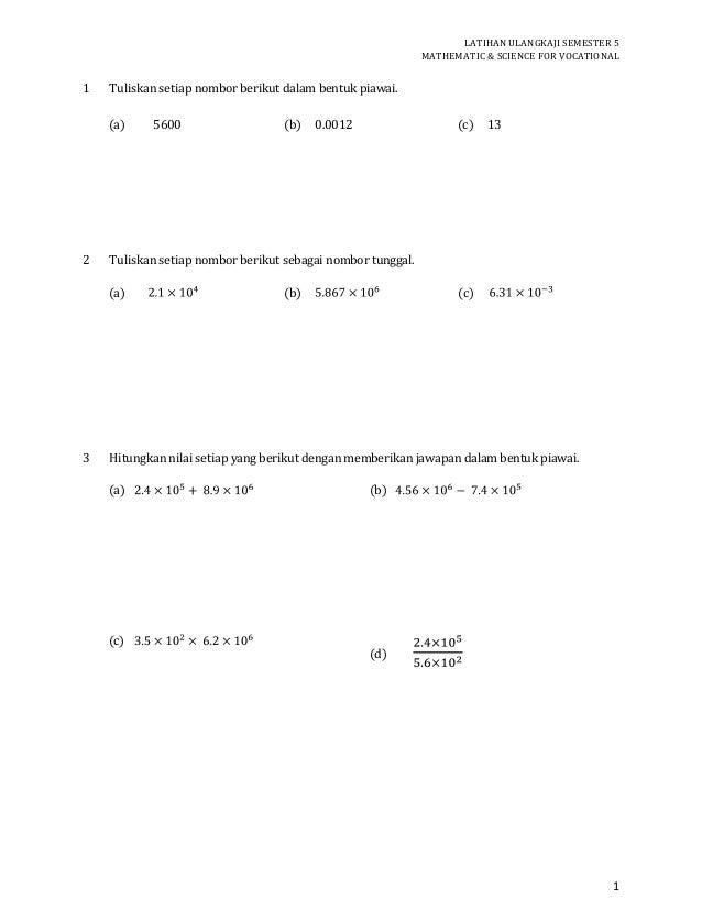 Soalan Latihan Matematik untuk Vokasional Semester 5