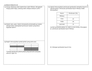 LATIHAN PERATUS 02 4	
12) Harga sebatang raket badminton ialah RM160. Berapakah
harga jualan bagi 3 batang raket selepas diskaun 20%?
13) Dalam satu ujian, Salem menjawab 36 daripada 40 soalan
dengan betul. Berapakah peratusan soalan yang betul
dijawab Salem?
14)Rajah menunjukkan petak-petak yang sama saiz.
Tuliskan peratusan petak-petak yang berlorek daripada
seluruh rajah itu.
15) Jadual menunjukkan peratusan penduduk mengikut kaum di
sebuah pekan. Peratusan penduduk kaum Melayu tidak
ditunjukkan.
Kaum Peratusan (%)
Melayu
Cina 32
India 26
Lain-lain 8
Jumlah penduduk pekan itu ialah 10 000 orang. Hitungkan
a) peratusan penduduk kaum Melayu
b) bilangan penduduk kaum Cina
 