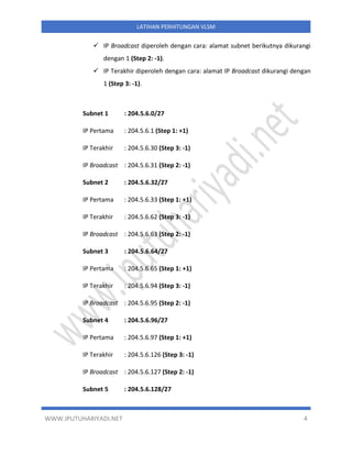 WWW.IPUTUHARIYADI.NET 4
LATIHAN PERHITUNGAN VLSM
✓ IP Broadcast diperoleh dengan cara: alamat subnet berikutnya dikurangi
dengan 1 (Step 2: -1).
✓ IP Terakhir diperoleh dengan cara: alamat IP Broadcast dikurangi dengan
1 (Step 3: -1).
Subnet 1 : 204.5.6.0/27
IP Pertama : 204.5.6.1 (Step 1: +1)
IP Terakhir : 204.5.6.30 (Step 3: -1)
IP Broadcast : 204.5.6.31 (Step 2: -1)
Subnet 2 : 204.5.6.32/27
IP Pertama : 204.5.6.33 (Step 1: +1)
IP Terakhir : 204.5.6.62 (Step 3: -1)
IP Broadcast : 204.5.6.63 (Step 2: -1)
Subnet 3 : 204.5.6.64/27
IP Pertama : 204.5.6.65 (Step 1: +1)
IP Terakhir : 204.5.6.94 (Step 3: -1)
IP Broadcast : 204.5.6.95 (Step 2: -1)
Subnet 4 : 204.5.6.96/27
IP Pertama : 204.5.6.97 (Step 1: +1)
IP Terakhir : 204.5.6.126 (Step 3: -1)
IP Broadcast : 204.5.6.127 (Step 2: -1)
Subnet 5 : 204.5.6.128/27
 