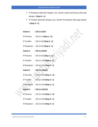 WWW.IPUTUHARIYADI.NET 4
LATIHAN PERHITUNGAN VLSM
✓ IP Broadcast diperoleh dengan cara: alamat subnet berikutnya dikurangi
dengan 1 (Step 2: -1).
✓ IP Terakhir diperoleh dengan cara: alamat IP Broadcast dikurangi dengan
1 (Step 3: -1).
Subnet 1 : 192.3.4.0/26
IP Pertama : 192.3.4.1 (Step 1: +1)
IP Terakhir : 192.3.4.62 (Step 3: -1)
IP Broadcast : 192.3.4.63 (Step 2: -1)
Subnet 2 : 192.3.4.64/26
IP Pertama : 192.3.4.65 (Step 1: +1)
IP Terakhir : 192.3.4.126 (Step 3: -1)
IP Broadcast : 192.3.4.127 (Step 2: -1)
Subnet 3 : 192.3.4.128/26
IP Pertama : 192.3.4.129 (Step 1: +1)
IP Terakhir : 192.3.4.190 (Step 3: -1)
IP Broadcast : 192.3.4.191 (Step 2: -1)
Subnet 4 : 192.3.4.192/26
IP Pertama : 192.3.4.193 (Step 1: +1)
IP Terakhir : 192.3.4.254 (Step 3: -1)
IP Broadcast : 192.3.4.255 (Step 2: -1)
 
