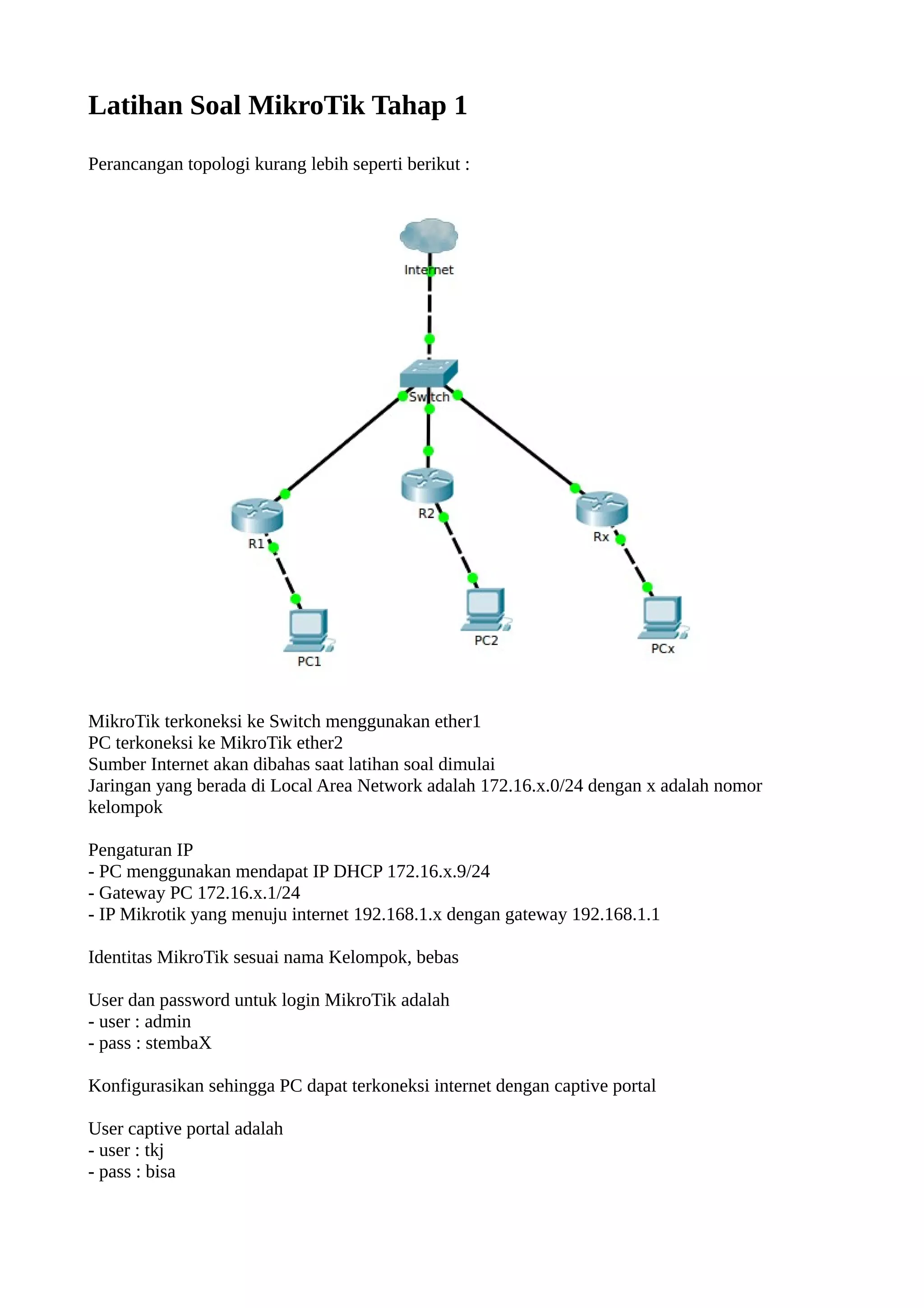 Latihan Soal MikroTik Tahap 1
Perancangan topologi kurang lebih seperti berikut :
MikroTik terkoneksi ke Switch menggunakan ether1
PC terkoneksi ke MikroTik ether2
Sumber Internet akan dibahas saat latihan soal dimulai
Jaringan yang berada di Local Area Network adalah 172.16.x.0/24 dengan x adalah nomor
kelompok
Pengaturan IP
- PC menggunakan mendapat IP DHCP 172.16.x.9/24
- Gateway PC 172.16.x.1/24
- IP Mikrotik yang menuju internet 192.168.1.x dengan gateway 192.168.1.1
Identitas MikroTik sesuai nama Kelompok, bebas
User dan password untuk login MikroTik adalah
- user : admin
- pass : stembaX
Konfigurasikan sehingga PC dapat terkoneksi internet dengan captive portal
User captive portal adalah
- user : tkj
- pass : bisa