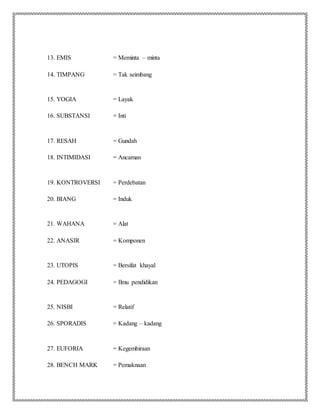 13. EMIS = Meminta – minta
14. TIMPANG = Tak seimbang
15. YOGIA = Layak
16. SUBSTANSI = Inti
17. RESAH = Gundah
18. INTIMIDASI = Ancaman
19. KONTROVERSI = Perdebatan
20. BIANG = Induk
21. WAHANA = Alat
22. ANASIR = Komponen
23. UTOPIS = Bersifat khayal
24. PEDAGOGI = Ilmu pendidikan
25. NISBI = Relatif
26. SPORADIS = Kadang – kadang
27. EUFORIA = Kegembiraan
28. BENCH MARK = Pemaknaan
 
