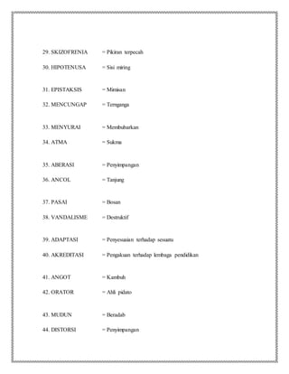 29. SKIZOFRENIA = Pikiran terpecah
30. HIPOTENUSA = Sisi miring
31. EPISTAKSIS = Mimisan
32. MENCUNGAP = Ternganga
33. MENYURAI = Membubarkan
34. ATMA = Sukma
35. ABERASI = Penyimpangan
36. ANCOL = Tanjung
37. PASAI = Bosan
38. VANDALISME = Destruktif
39. ADAPTASI = Penyesuaian terhadap sesuatu
40. AKREDITASI = Pengakuan terhadap lembaga pendidikan
41. ANGOT = Kambuh
42. ORATOR = Ahli pidato
43. MUDUN = Beradab
44. DISTORSI = Penyimpangan
 