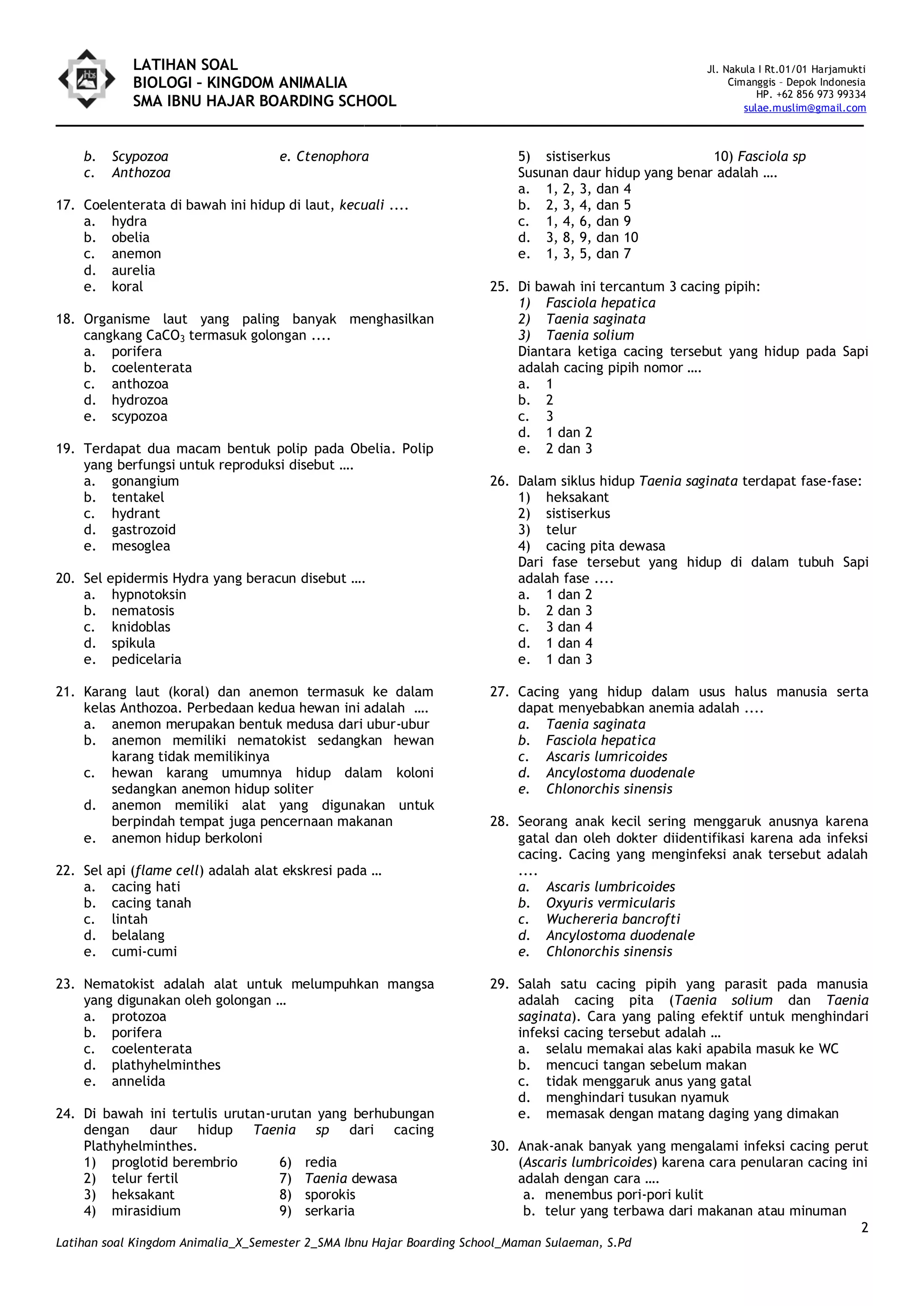 Latihan soal kingdom animalia x semester 2 | PDF