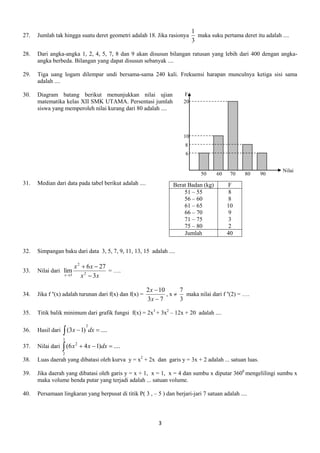 3
27. Jumlah tak hingga suatu deret geometri adalah 18. Jika rasionya
3
1
maka suku pertama deret itu adalah ....
28. Dari...
